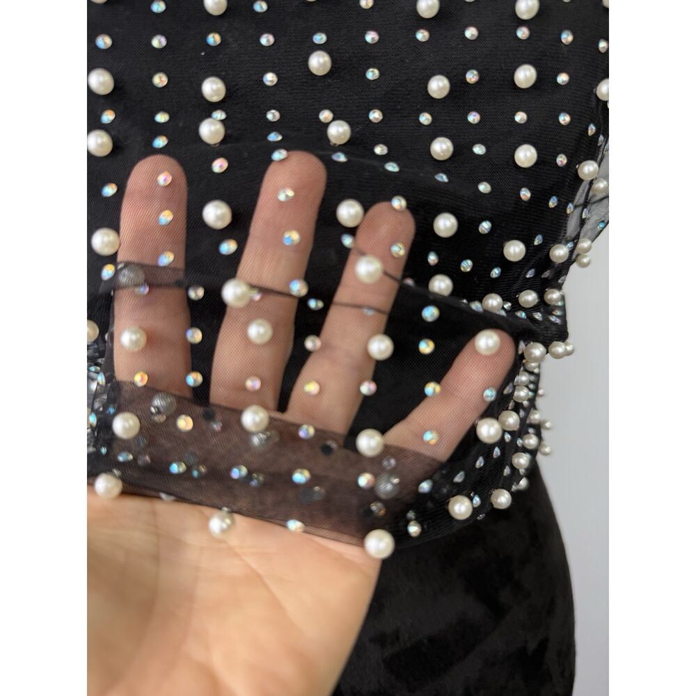 Love J Black Sheer Mesh Pearl Rhinestone Crop Tank Top Y2K Party Size L - Picture 10 of 16